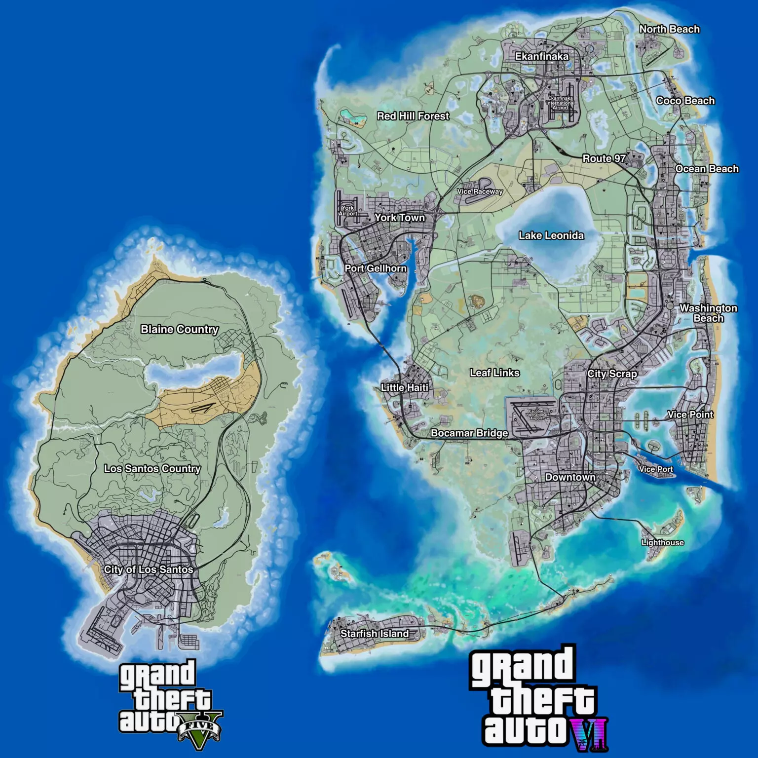 Mapa completo do GTA 5 vs GTA 6