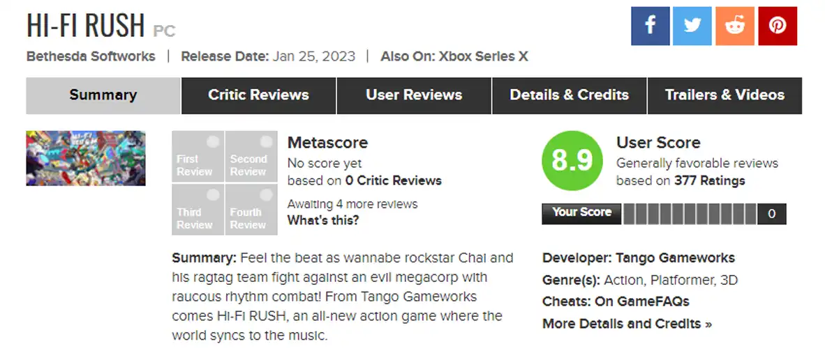 Hi-fi Rush nota no Metacritic