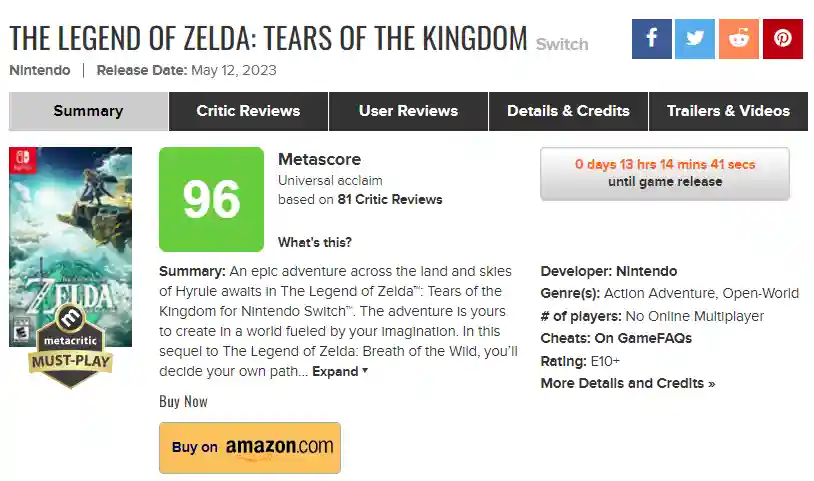 Notas do Zelda Tears of the kingdom no Metacritic