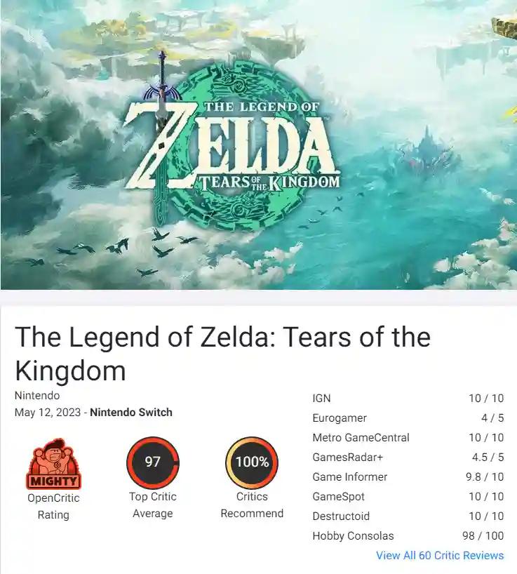 Notas do Zelda Tears of the kingdom no Open Critic