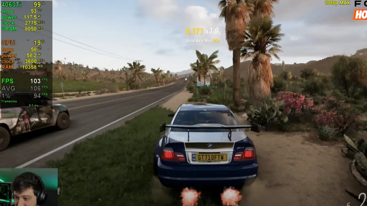 Teste de desempenho RTX 4060 Ti em 1080p no jogo Forza Horizon 5