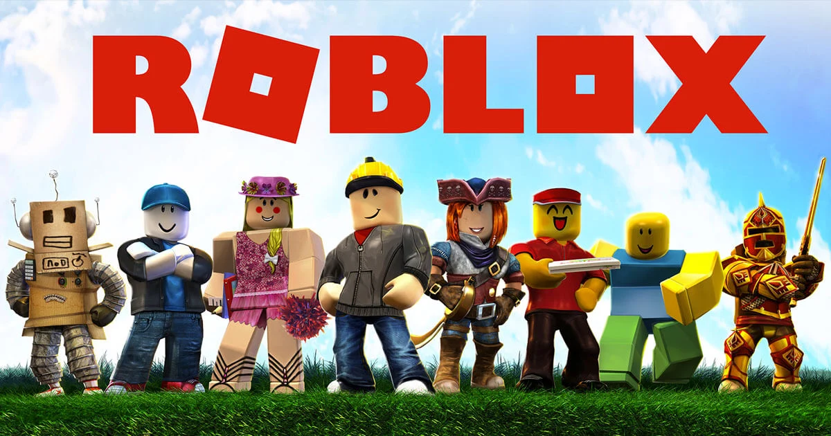 Imagem mostrando os personagens do Roblox e em cima deles está escrito bem grande a palavra Roblox